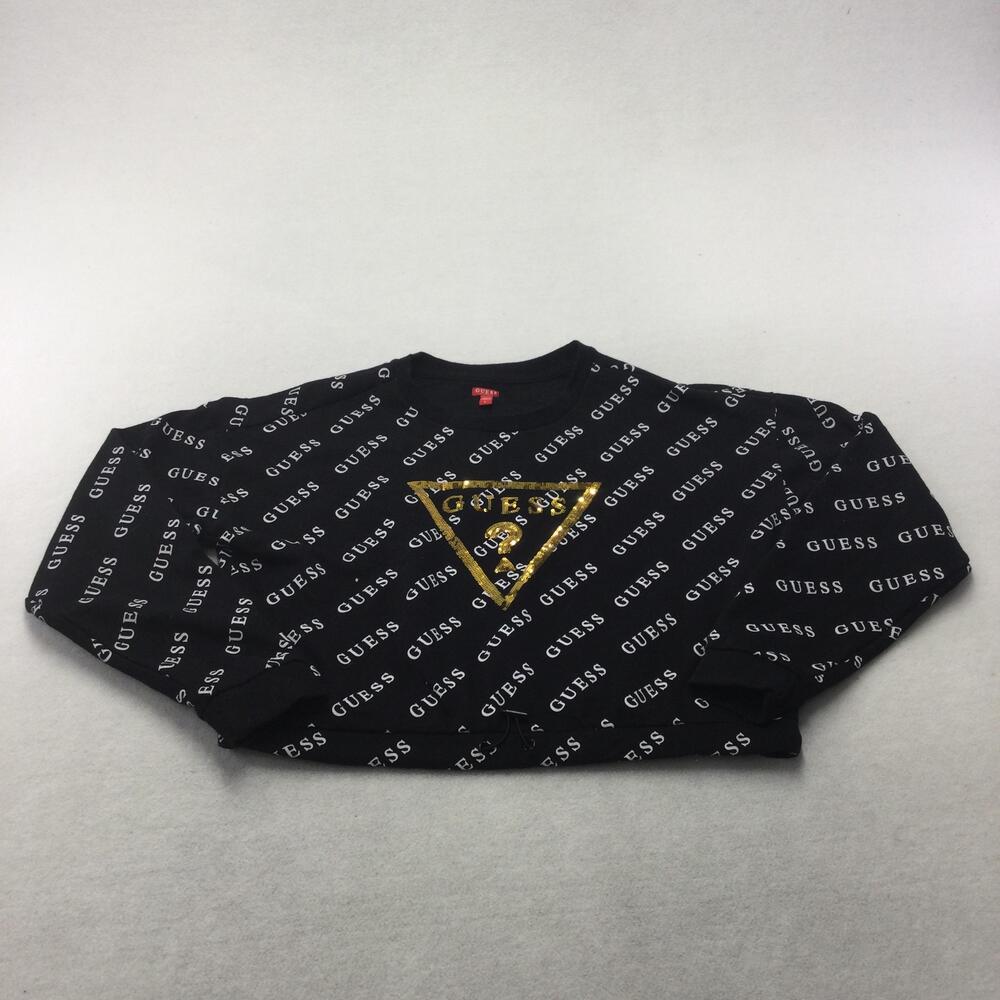 Guess Sweatshirt Womens Large Black Fleece Pullover Allover Logo Sequin Triangle